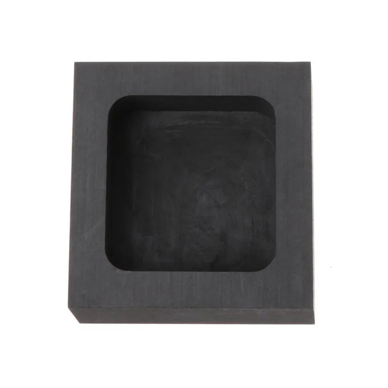 Square graphite crucible for melting precious metals like gold and silver, showing high-purity construction.
