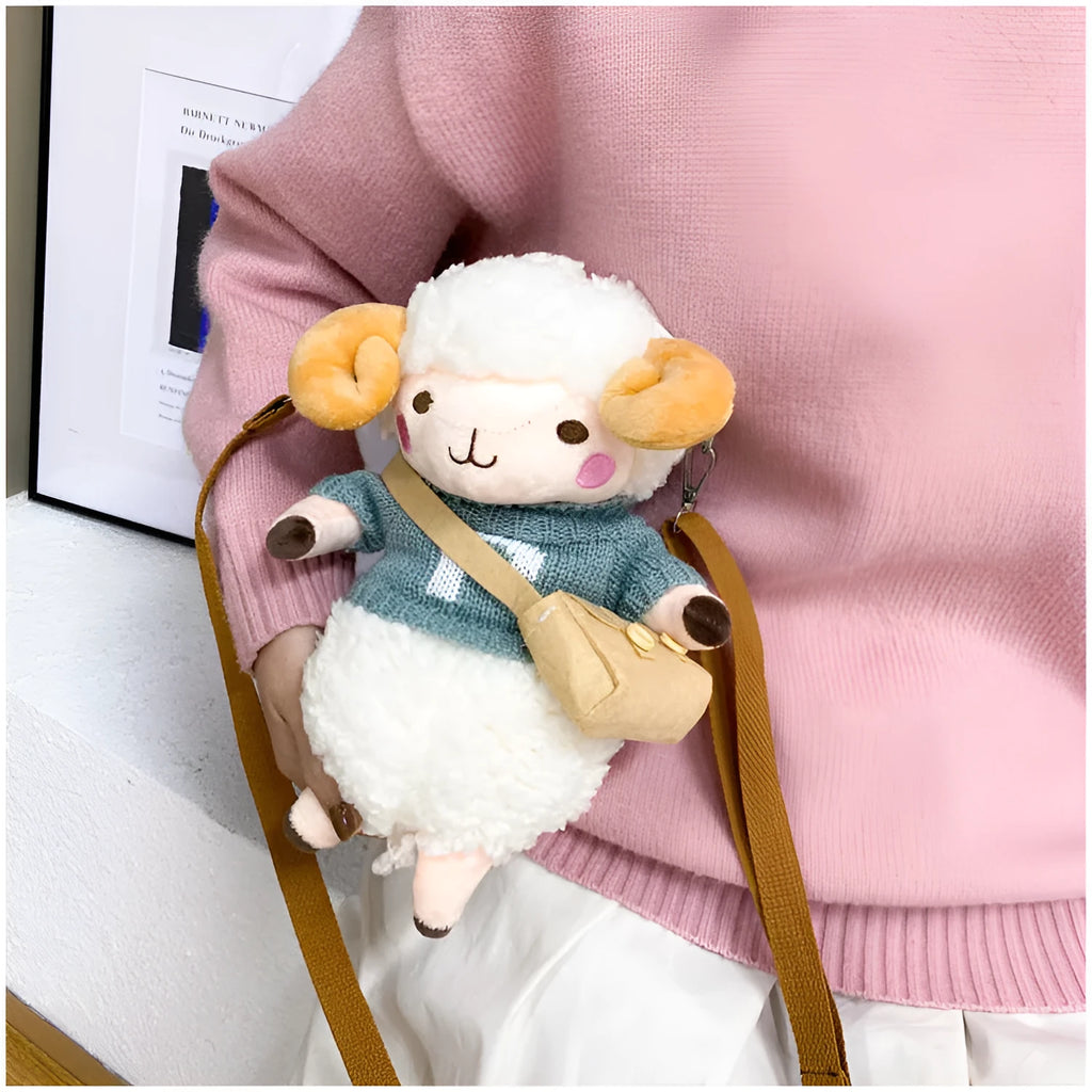 Little Sheep plush crossbody bag showing square design with lamb pattern and soft handle strap
