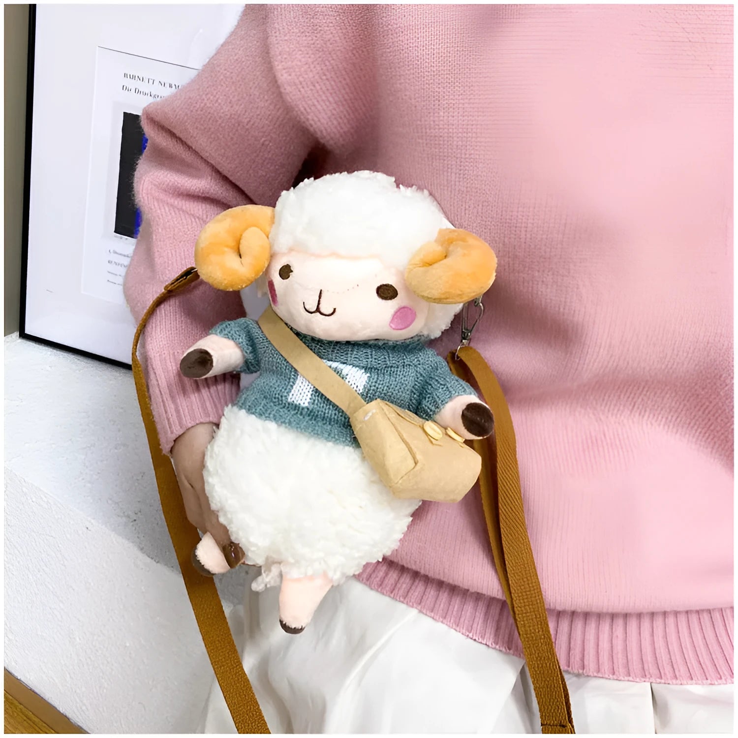 Little Sheep plush crossbody bag showing square design with lamb pattern and soft handle strap