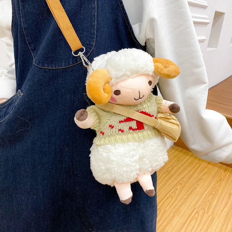 Little Sheep plush crossbody bag showing square design with lamb pattern and soft handle strap