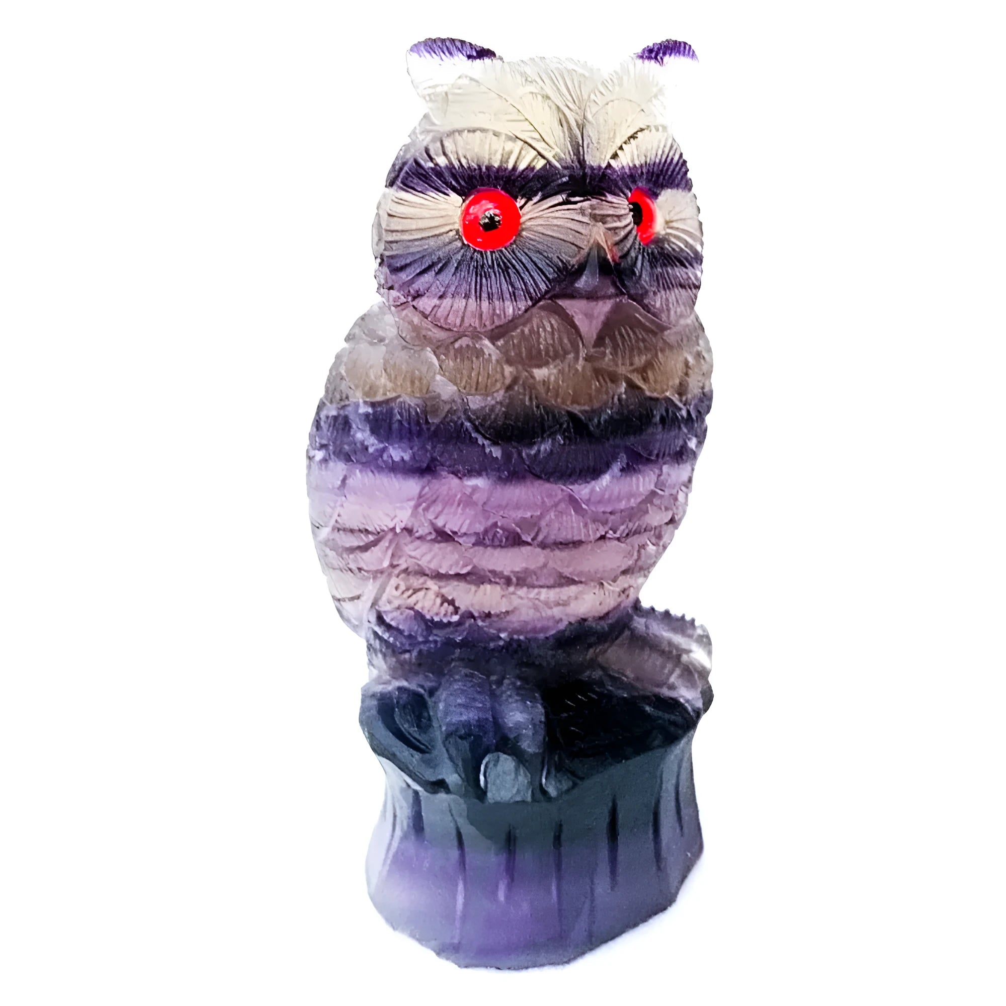 Purple fluorite hand-carved night owl ornament on display surface showing detailed carving
