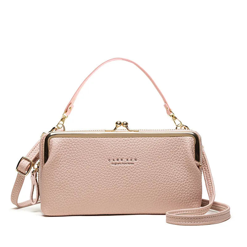 Horizontal Korean style women's PU leather messenger clutch bag in lilac colour with card slot.