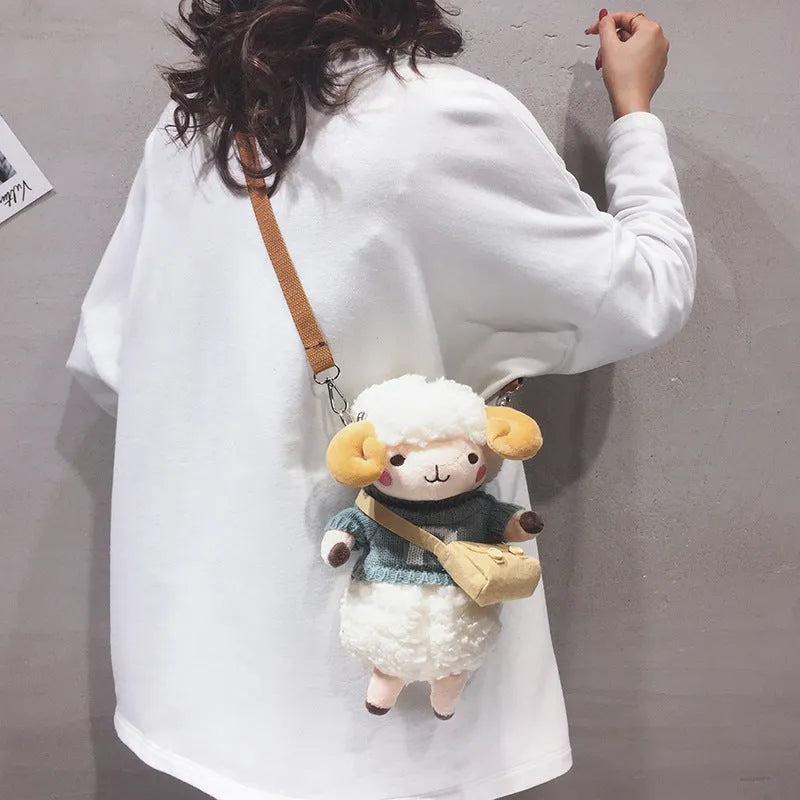 Little Sheep plush crossbody bag showing square design with lamb pattern and soft handle strap