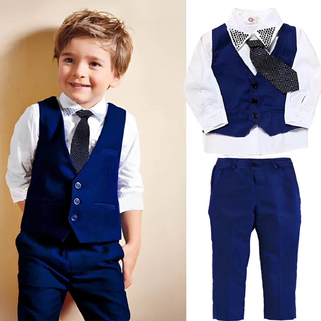 Boys blue casual suit set with vest, tie, turtleneck and trousers