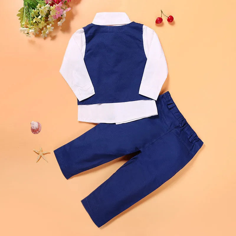 Boys blue casual suit set with vest, tie, turtleneck and trousers