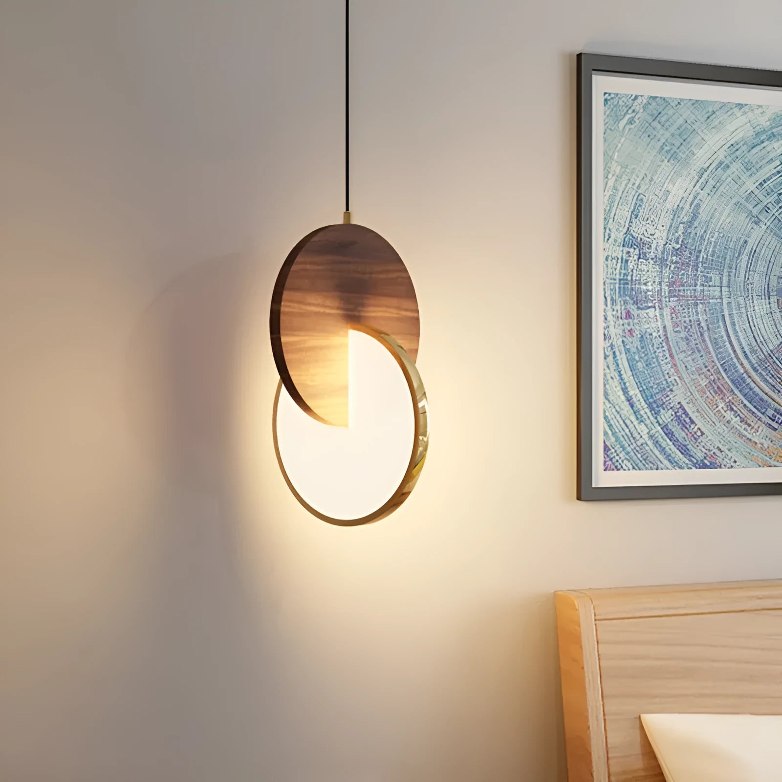 Long-line walnut wood wall chandelier with carved detailing and warm white LED lighting