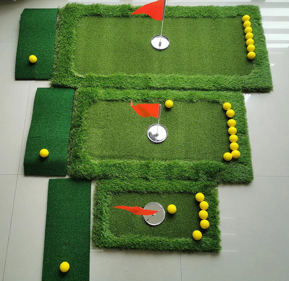 Green golf training mat with artificial grass surface and EVA foam base in rectangular shape