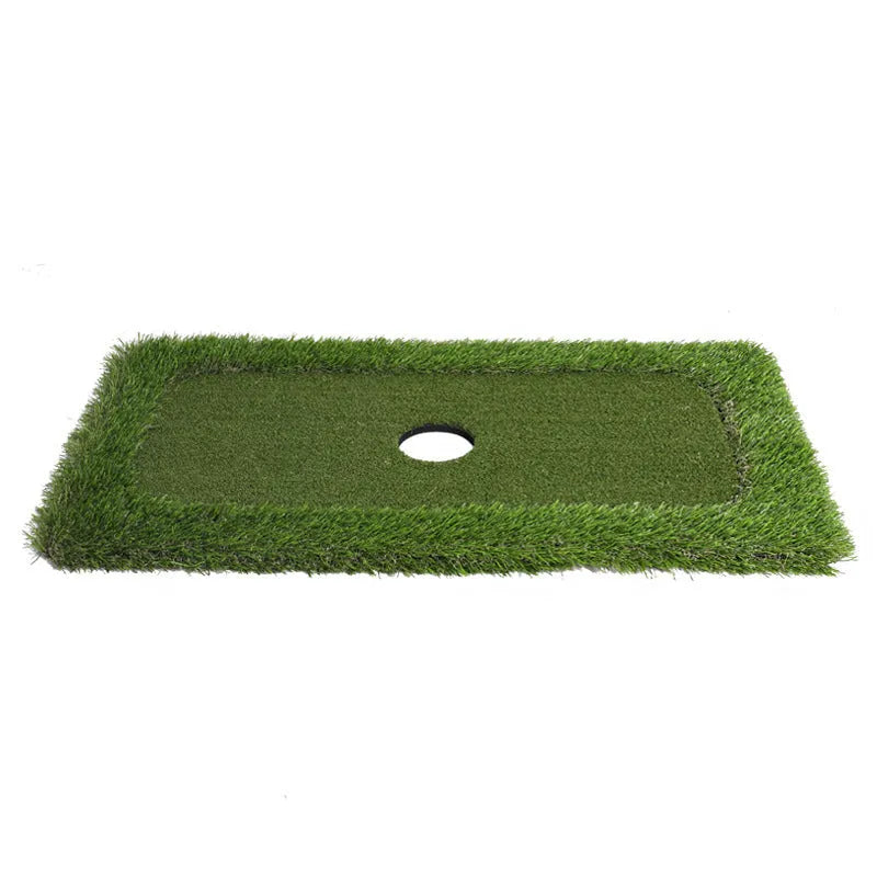 Green golf training mat with artificial grass surface and EVA foam base in rectangular shape