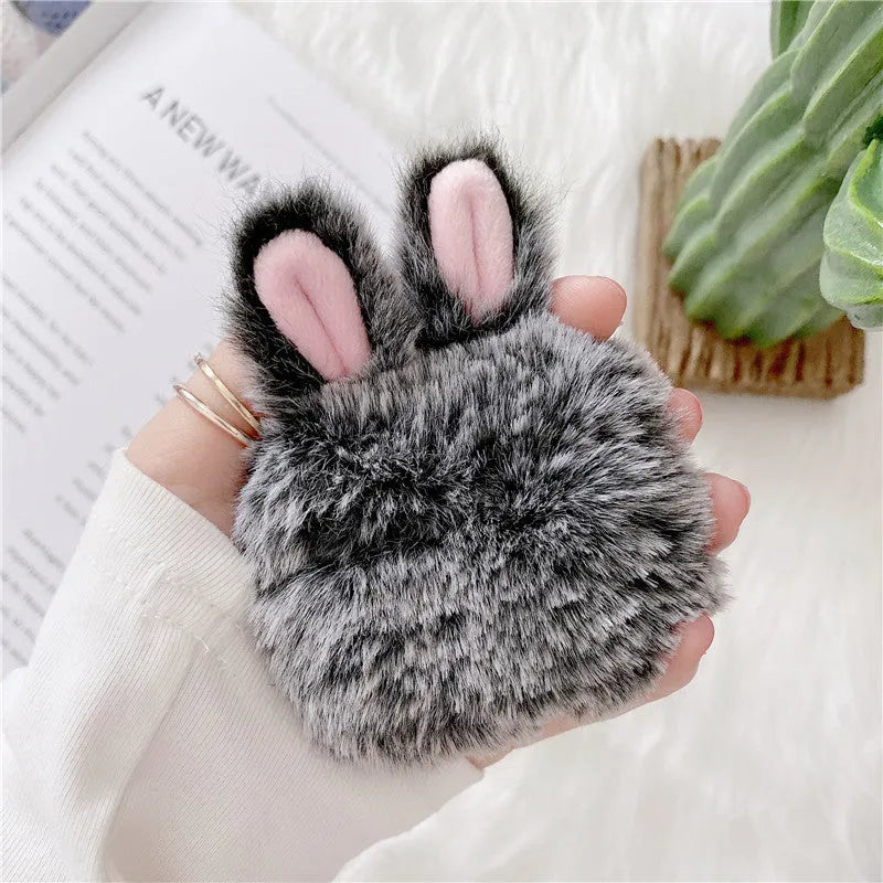 Pink silicone AirPods protective cover with plush rabbit ears decoration for AirPods Pro and AirPods 3