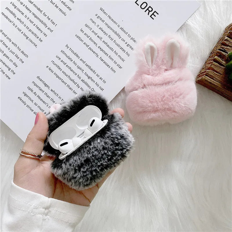 Pink silicone AirPods protective cover with plush rabbit ears decoration for AirPods Pro and AirPods 3