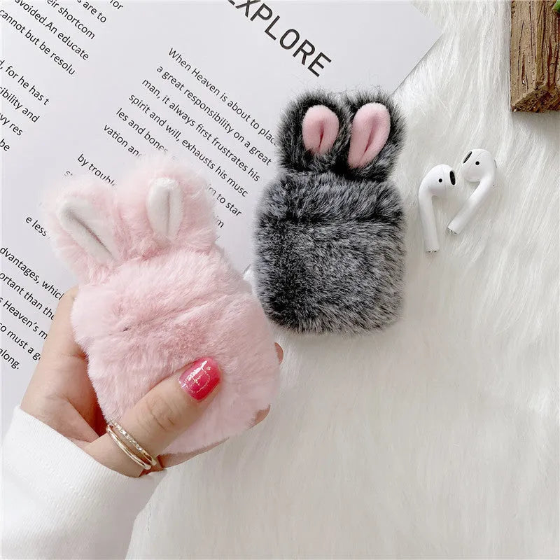 Pink silicone AirPods protective cover with plush rabbit ears decoration for AirPods Pro and AirPods 3