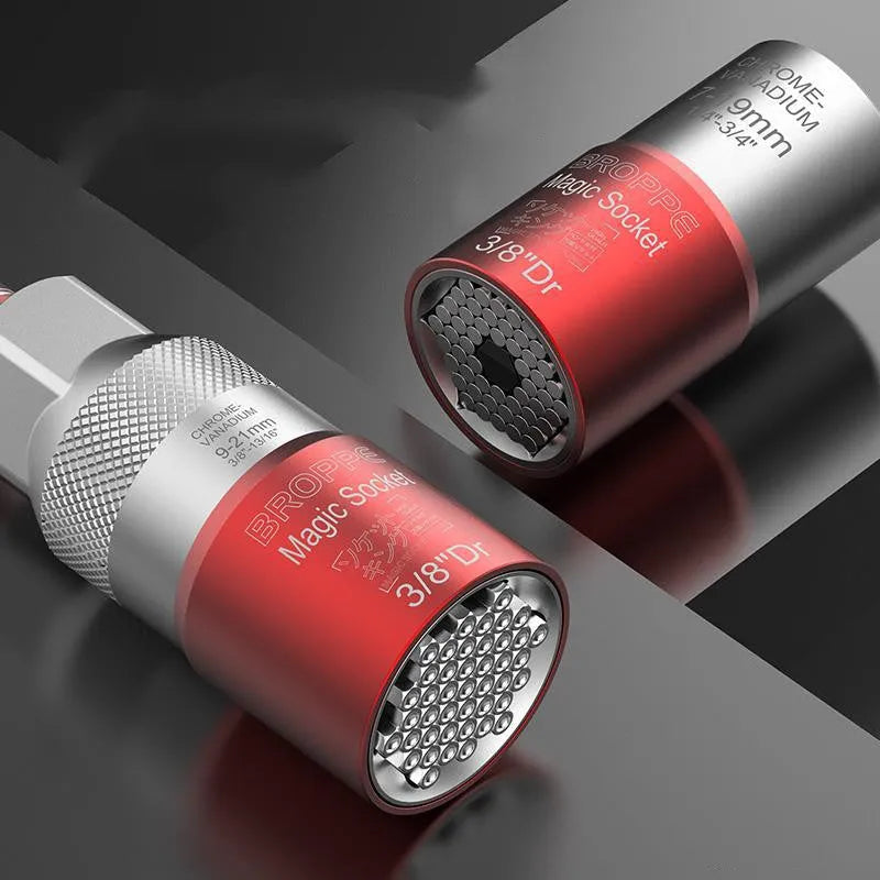 Red metric socket set with 7-19mm and 9-21mm sleeves for electric screw wrench