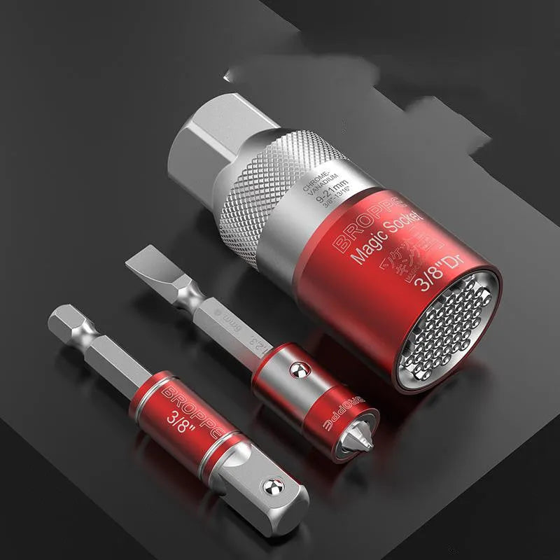 Red metric socket set with 7-19mm and 9-21mm sleeves for electric screw wrench