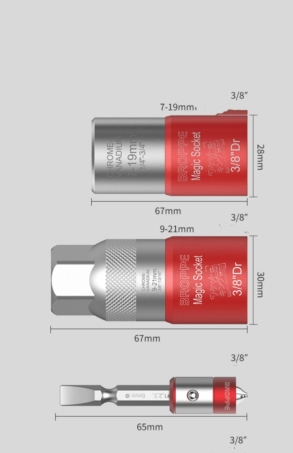 Red metric socket set with 7-19mm and 9-21mm sleeves for electric screw wrench