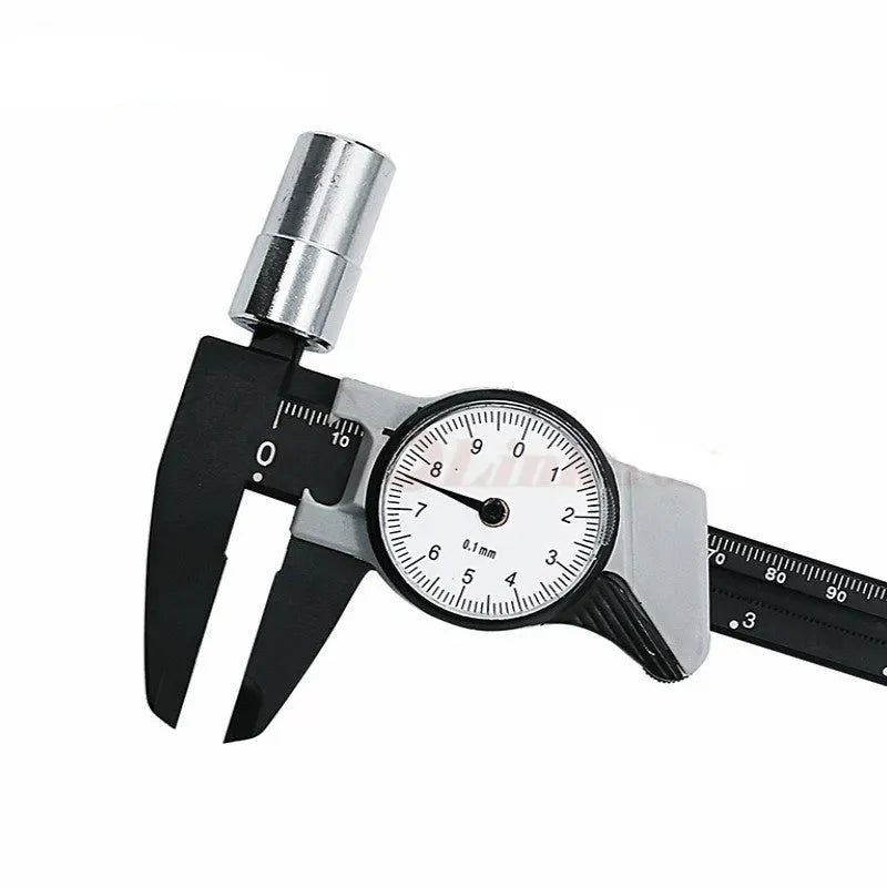 Black plastic vernier caliper showing 0-150mm measurement scale with stainless steel measuring jaws