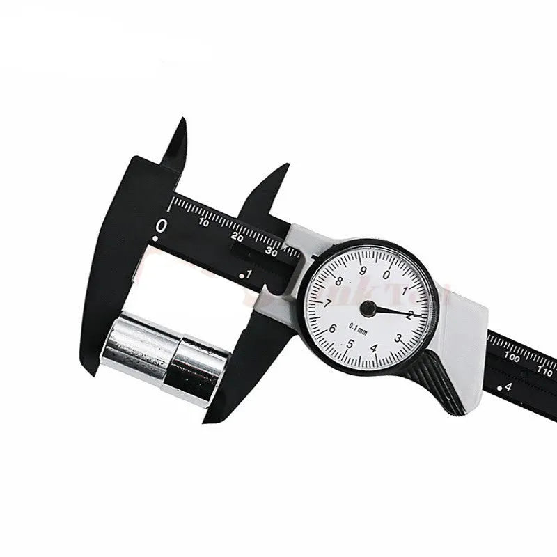 Black plastic vernier caliper showing 0-150mm measurement scale with stainless steel measuring jaws