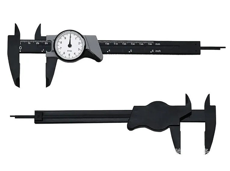 Black plastic vernier caliper showing 0-150mm measurement scale with stainless steel measuring jaws