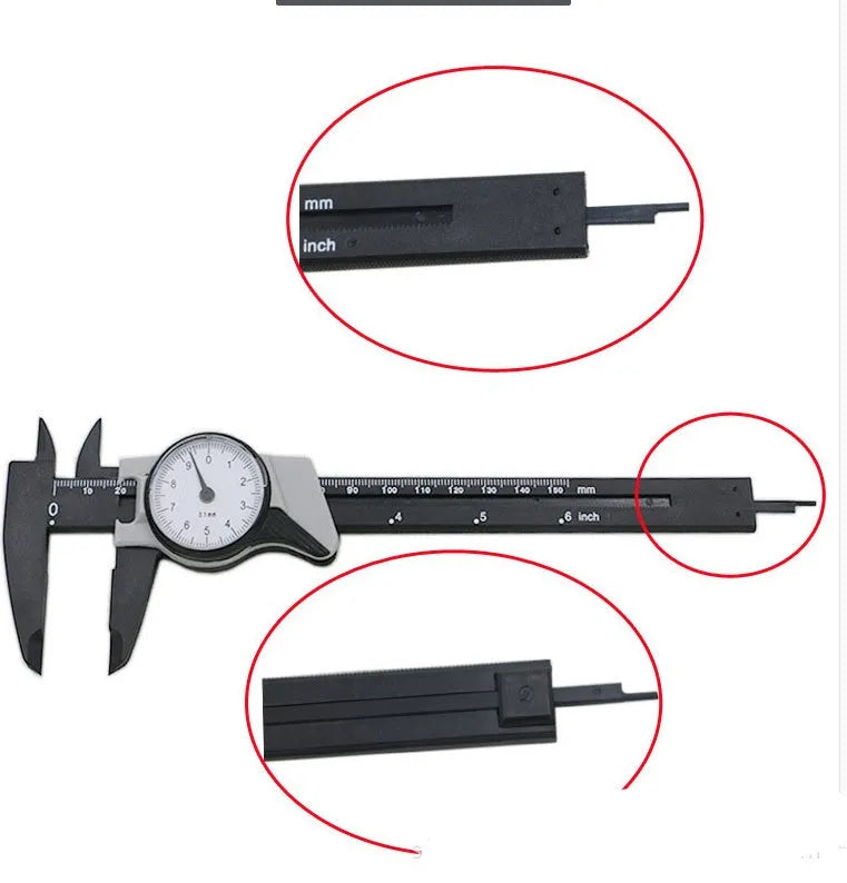 Black plastic vernier caliper showing 0-150mm measurement scale with stainless steel measuring jaws