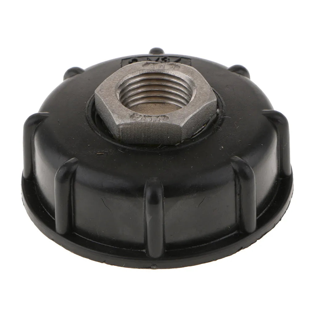 Black PP plastic and stainless steel connector for 1000 litre chemical barrels with a long threaded inlet.