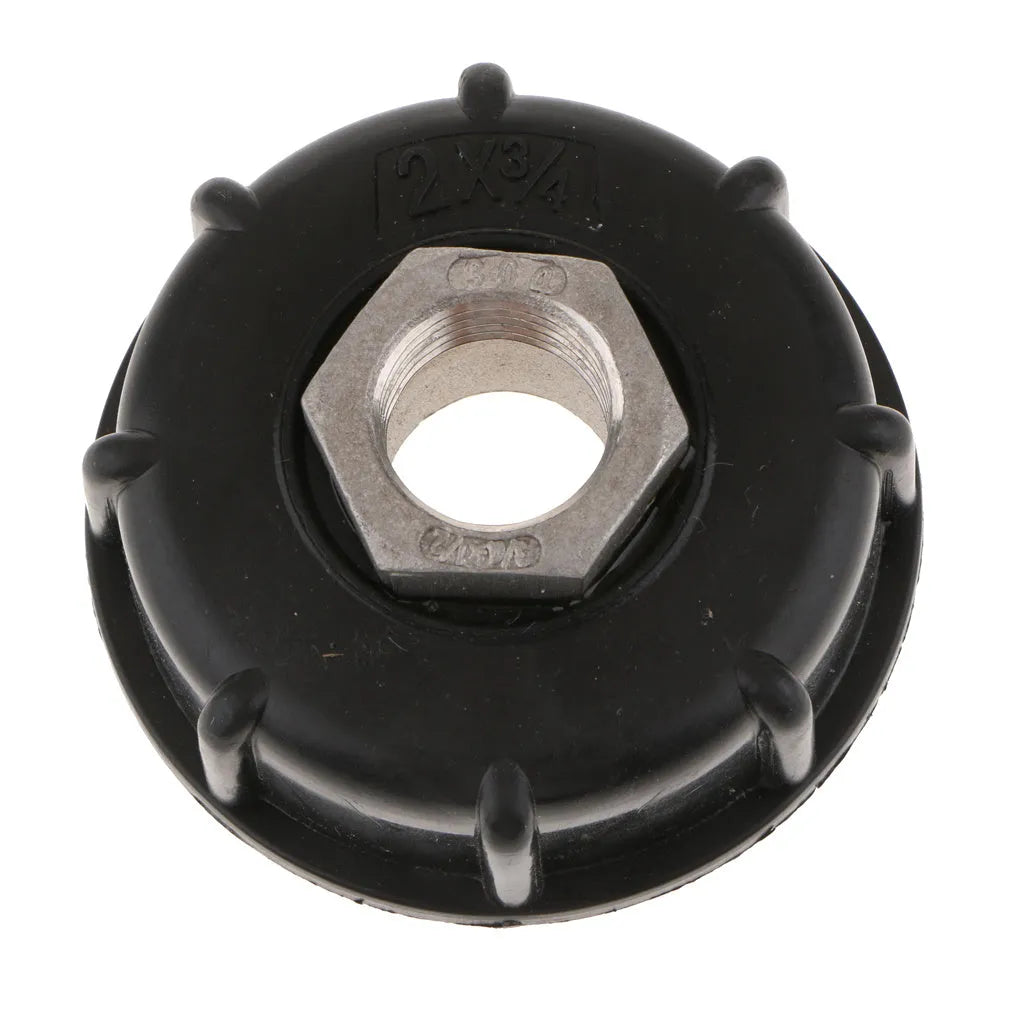 Black PP plastic and stainless steel connector for 1000 litre chemical barrels with a long threaded inlet.