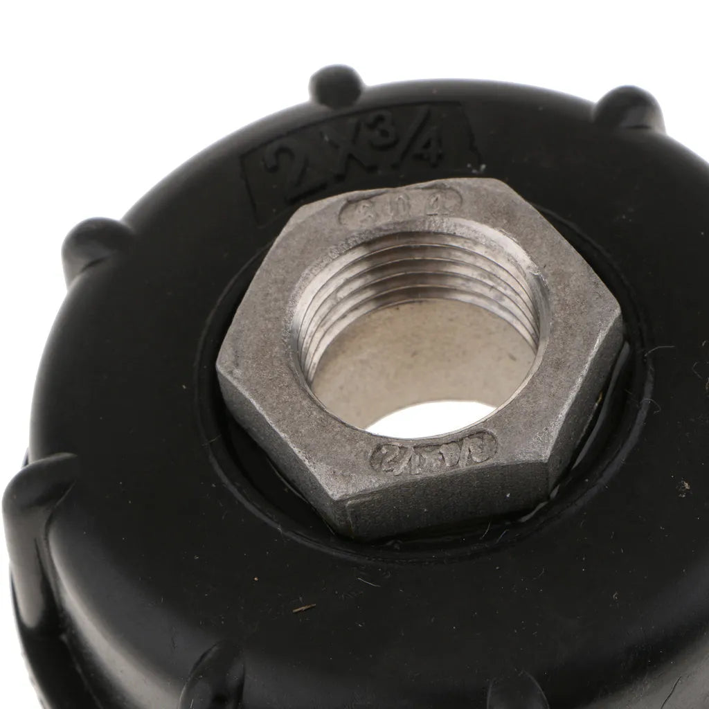 Black PP plastic and stainless steel connector for 1000 litre chemical barrels with a long threaded inlet.