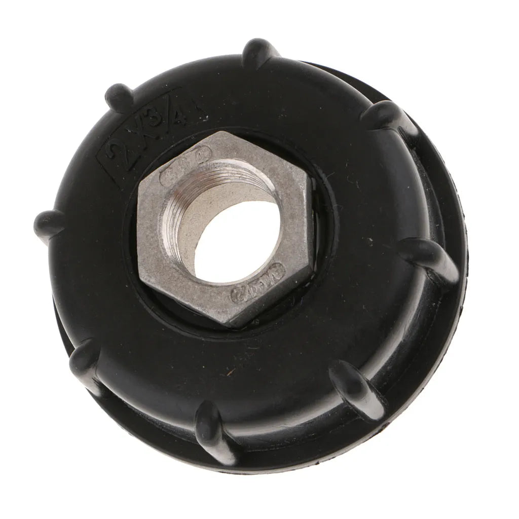 Black PP plastic and stainless steel connector for 1000 litre chemical barrels with a long threaded inlet.