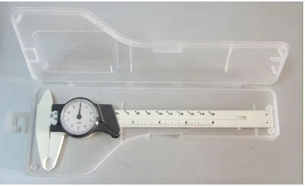 Black plastic vernier caliper showing 0-150mm measurement scale with stainless steel measuring jaws