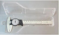 Black plastic vernier caliper showing 0-150mm measurement scale with stainless steel measuring jaws