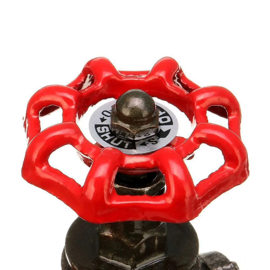 Red steampunk industrial valve with 3/4-inch thread and grey copper tee body with wire details.