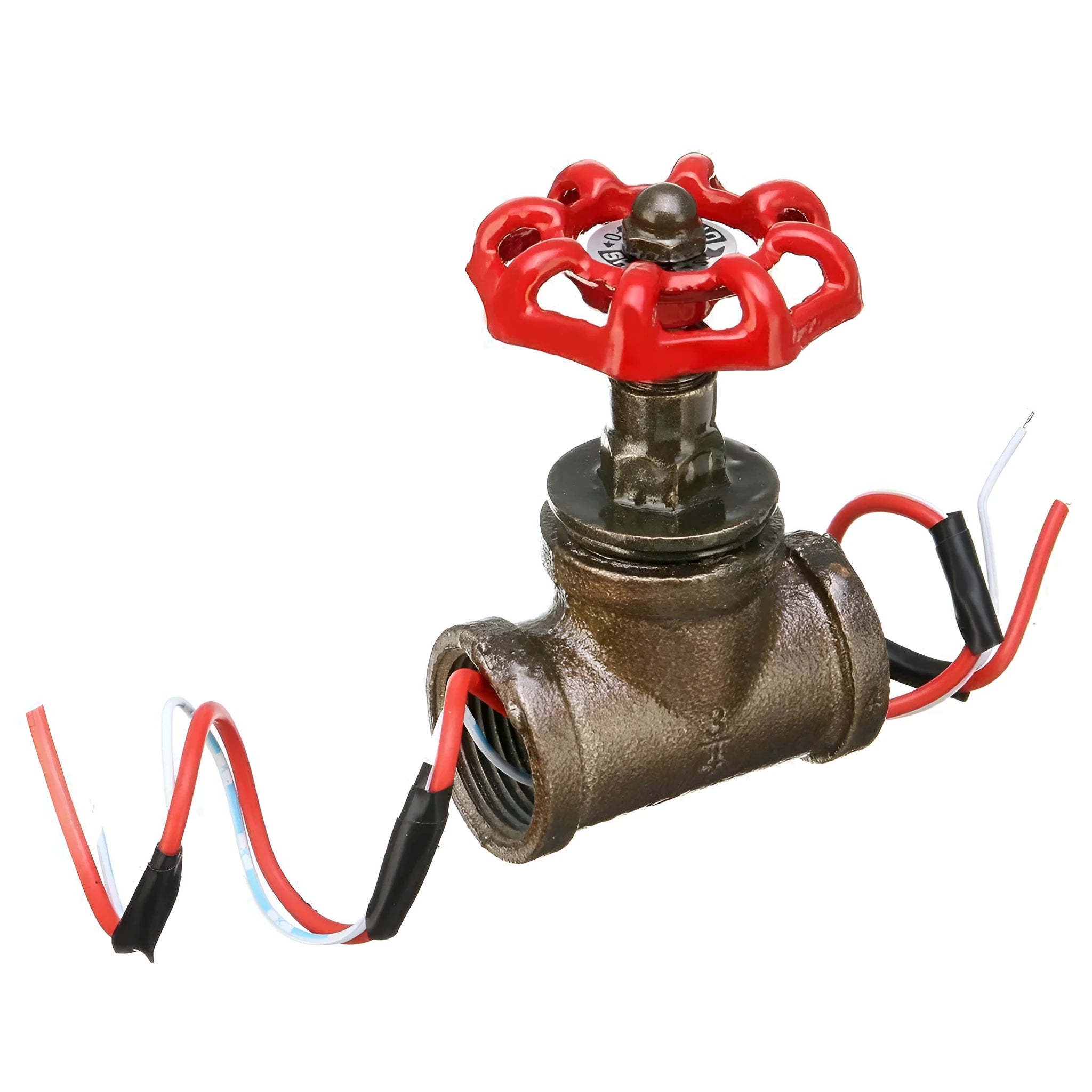 Red steampunk industrial valve with 3/4-inch thread and grey copper tee body with wire details.