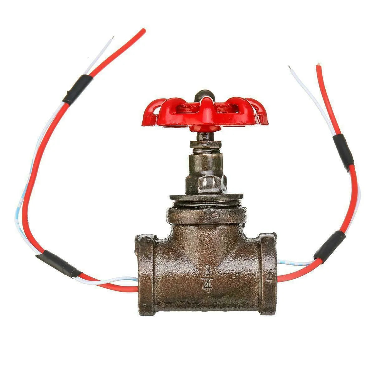 Red steampunk industrial valve with 3/4-inch thread and grey copper tee body with wire details.