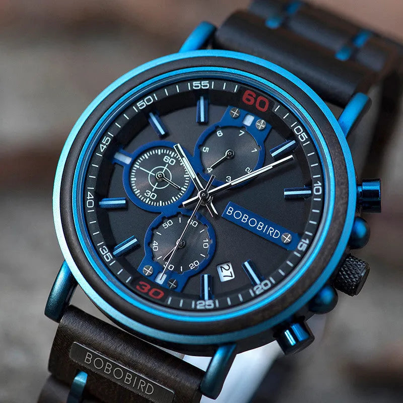 Men's wooden chronograph watch with round blue dial, wood strap, and mineral glass mirror