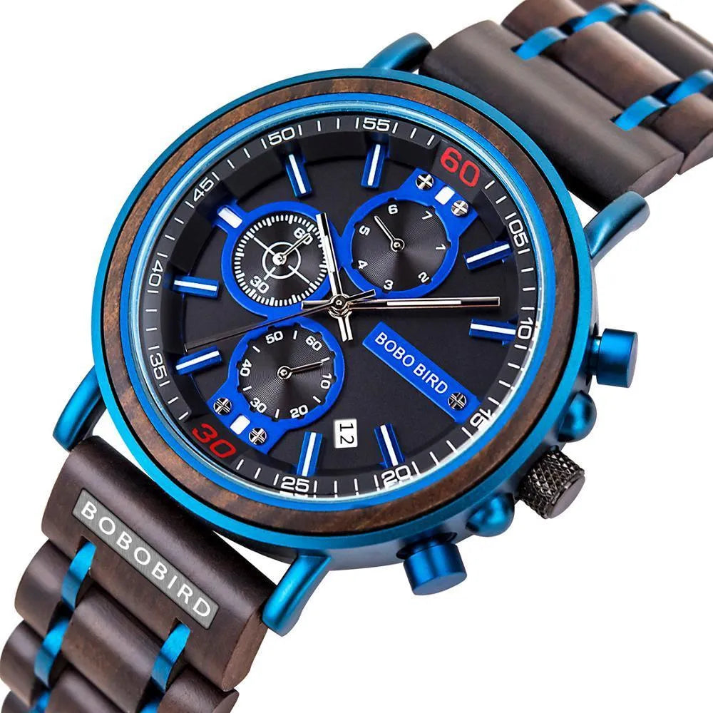Men's wooden chronograph watch with round blue dial, wood strap, and mineral glass mirror