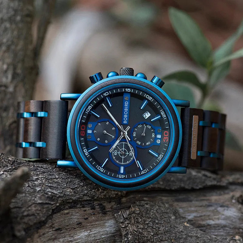 Men's wooden chronograph watch with round blue dial, wood strap, and mineral glass mirror