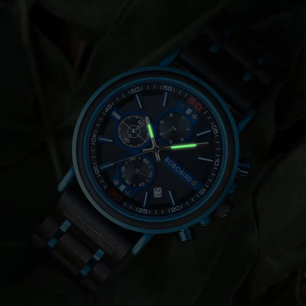 Men's wooden chronograph watch with round blue dial, wood strap, and mineral glass mirror