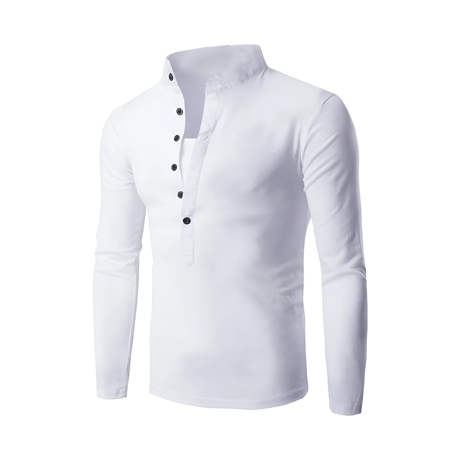 Stand-up collar casual button placket slim long-sleeved T-shirt in polyester, plain pattern, available in multiple colours