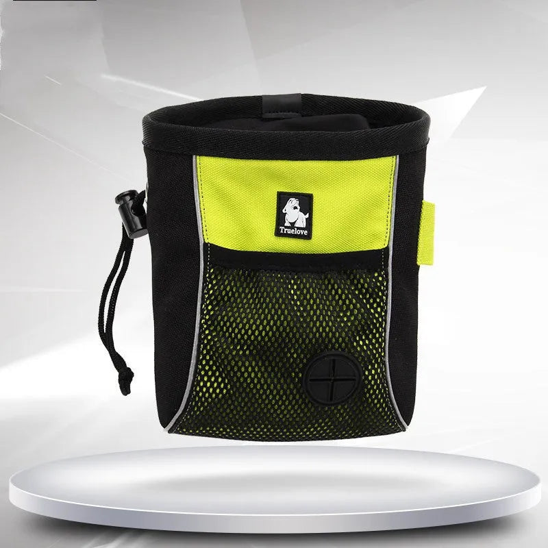 Orange waterproof Oxford cloth dog training waist bag with adjustable strap and removable waste bag compartment.