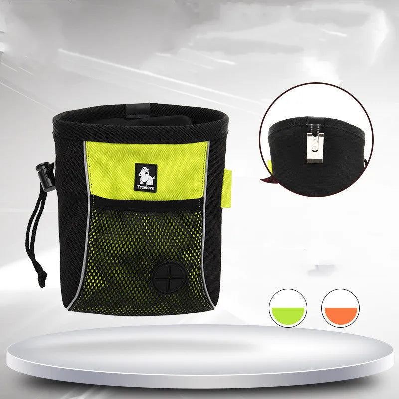 Orange waterproof Oxford cloth dog training waist bag with adjustable strap and removable waste bag compartment.