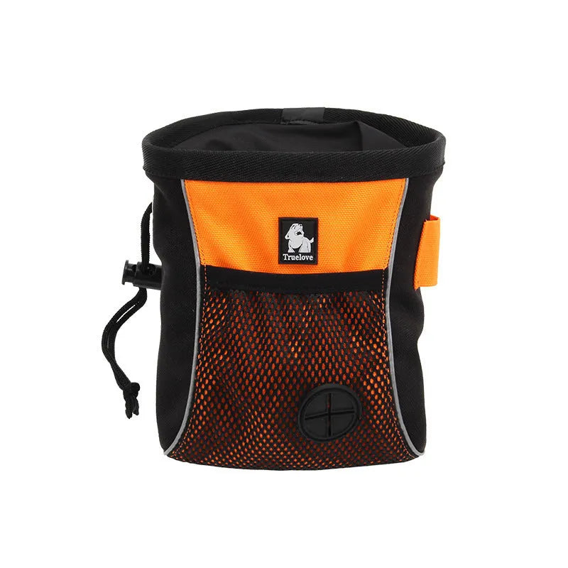 Orange waterproof Oxford cloth dog training waist bag with adjustable strap and removable waste bag compartment.