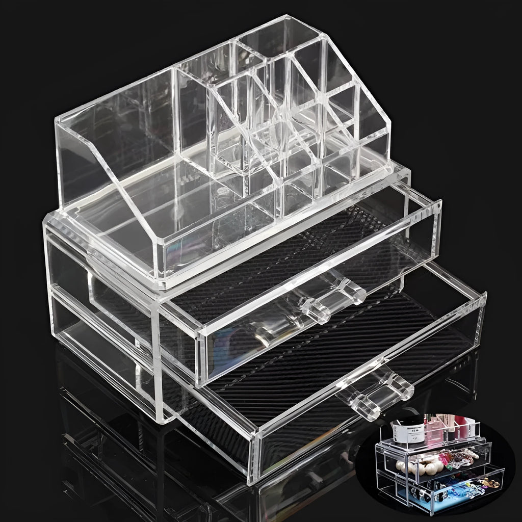 Clear foldable acrylic makeup storage case showing transparent sides and 18 litre capacity