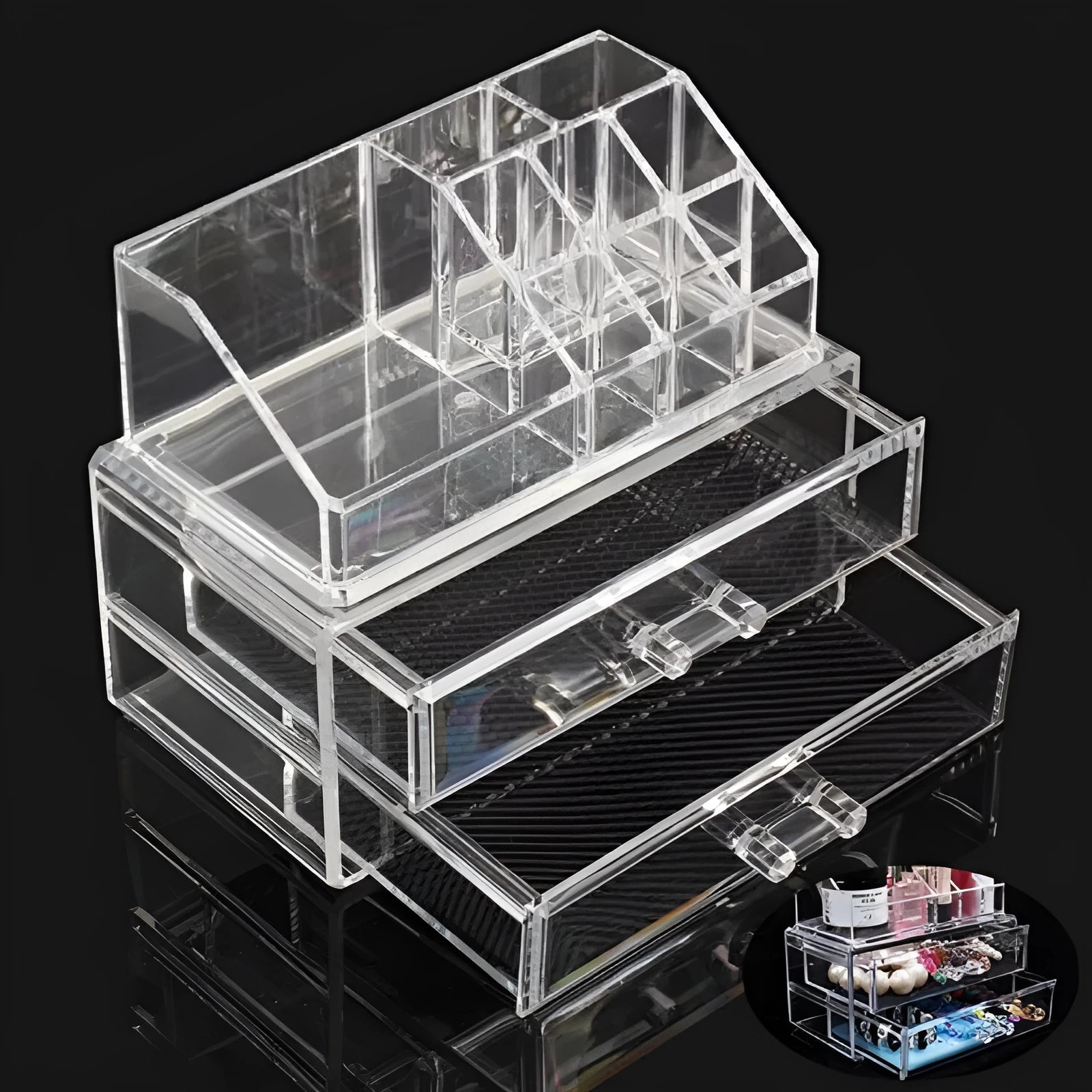 Clear foldable acrylic makeup storage case showing transparent sides and 18 litre capacity