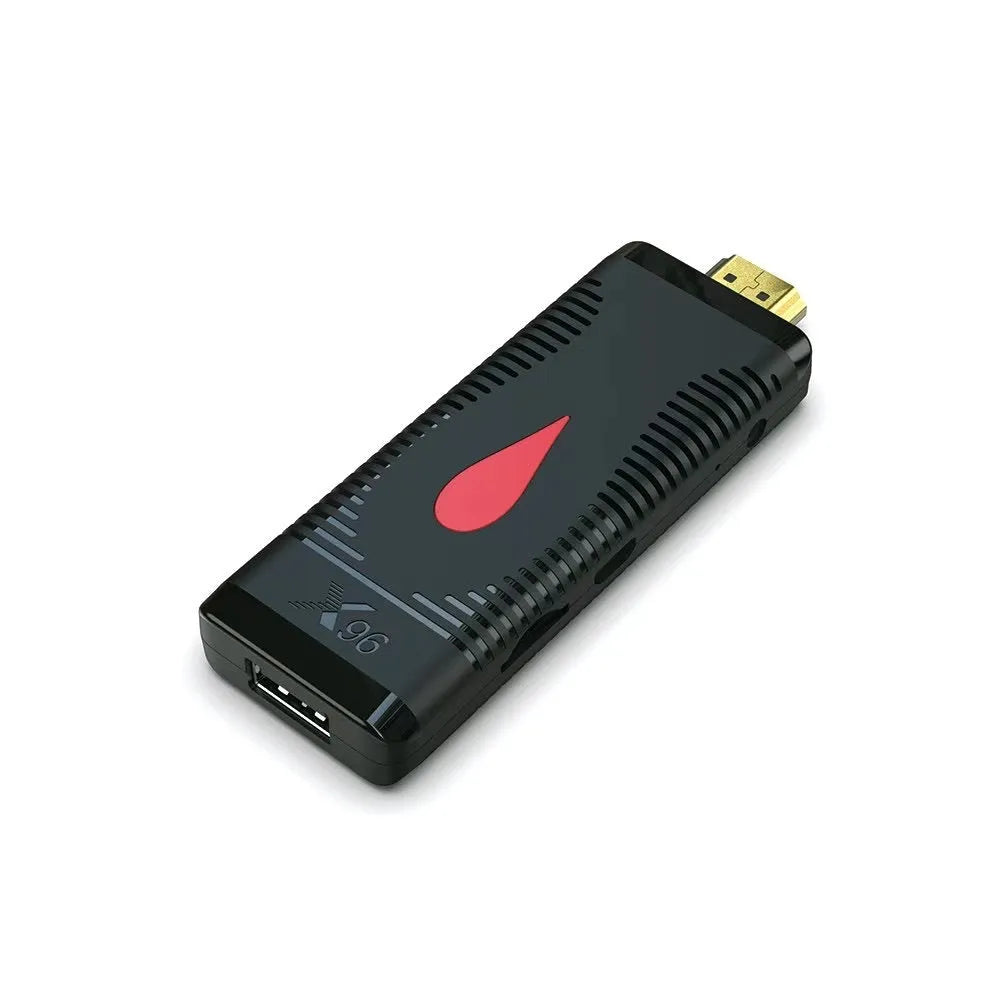 Smart TV set-top box mini PC dongle with HDMI connector and remote control for streaming and screen mirroring