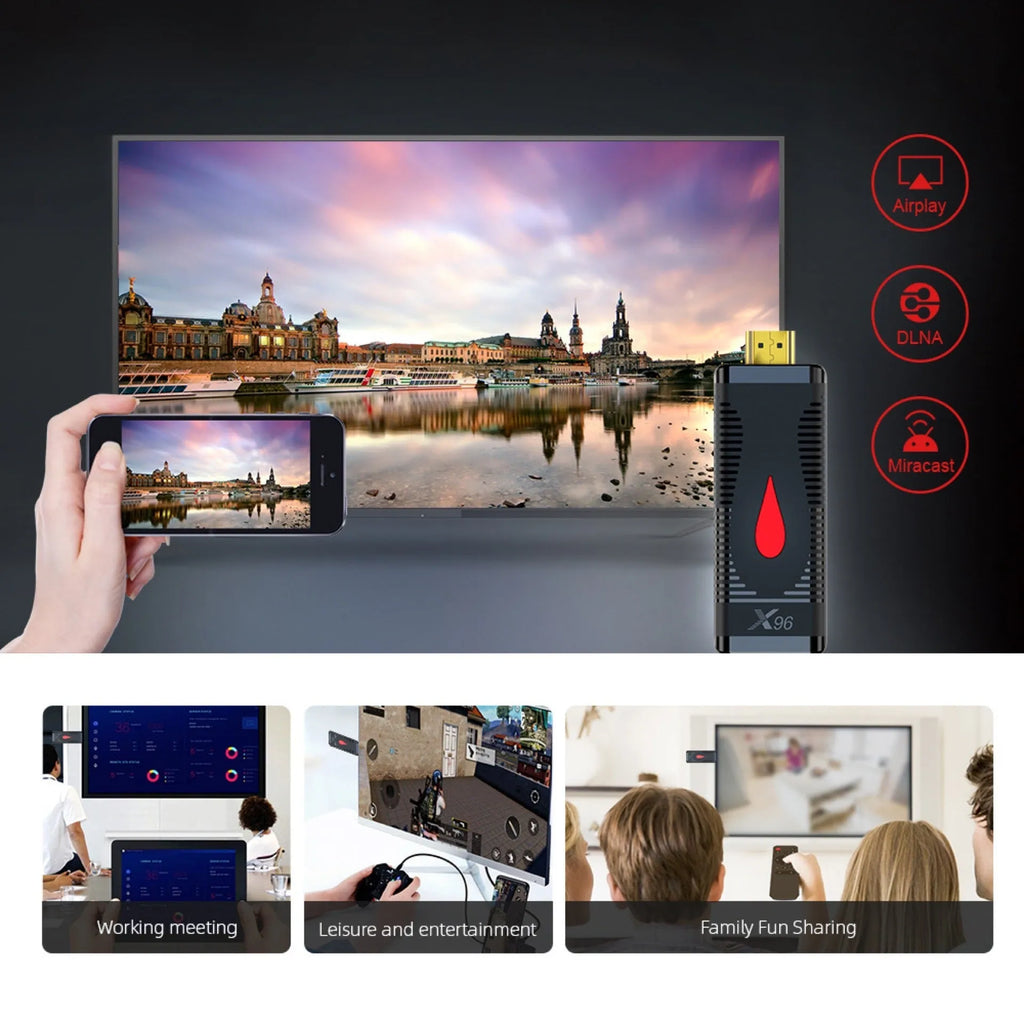 Smart TV set-top box mini PC dongle with HDMI connector and remote control for streaming and screen mirroring