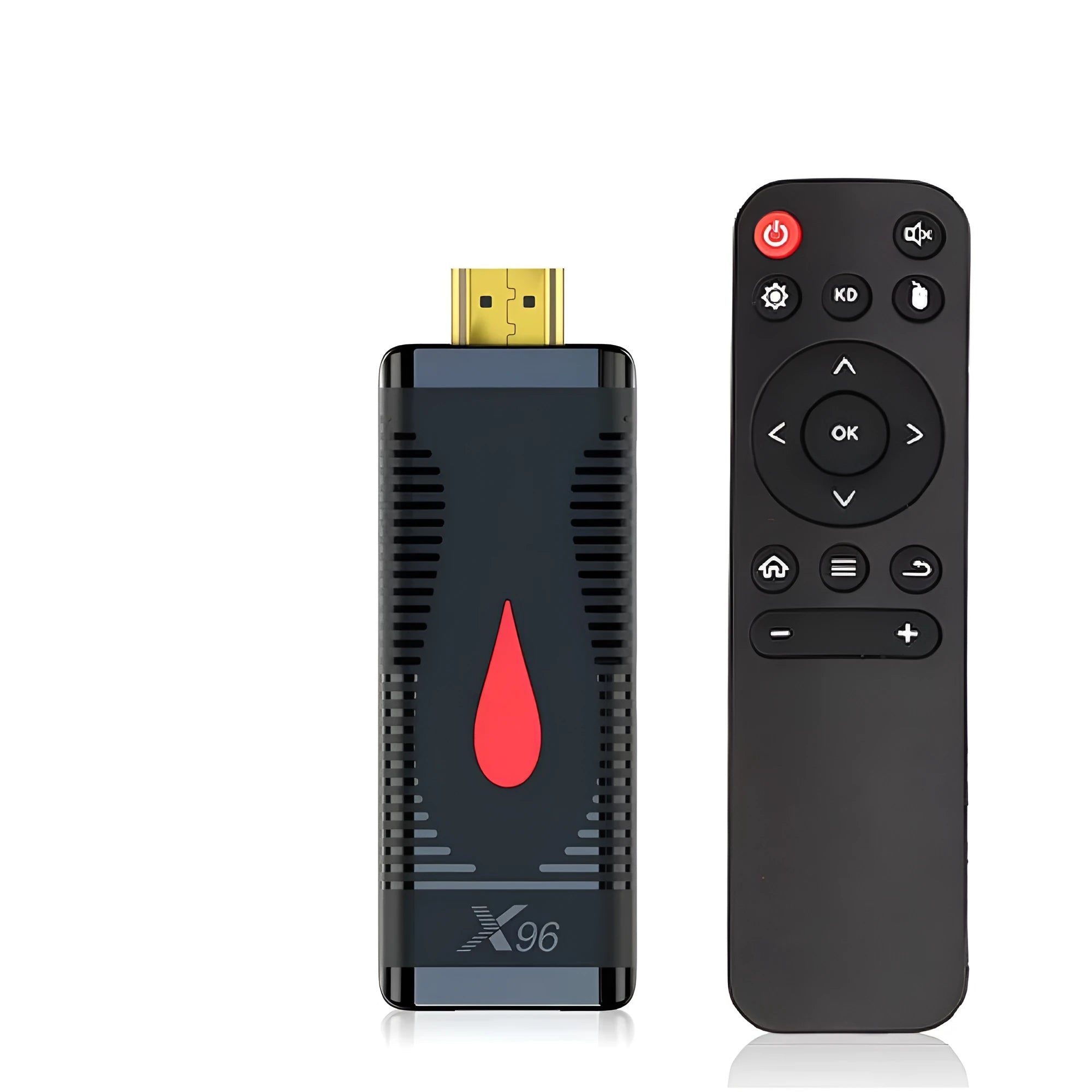 Smart TV set-top box mini PC dongle with HDMI connector and remote control for streaming and screen mirroring