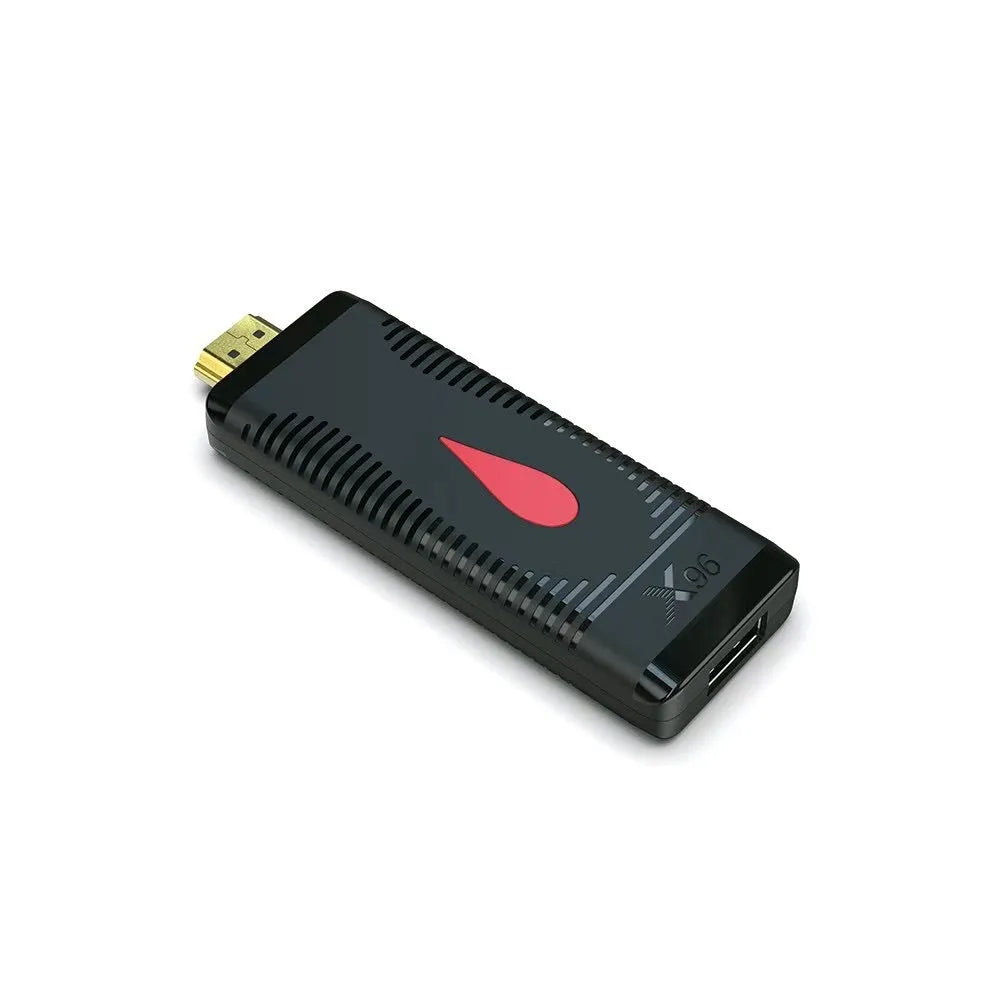 Smart TV set-top box mini PC dongle with HDMI connector and remote control for streaming and screen mirroring