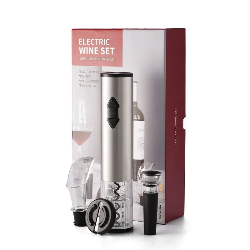 Automatic electric wine opener set with foil cutter stopper and pourer in black finish
