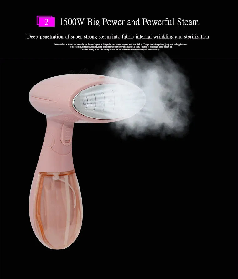 Sokany pink handheld steam ironing brush with power cord and EU plug.