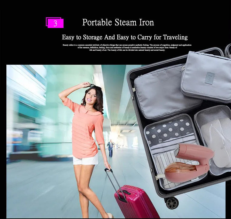 Sokany pink handheld steam ironing brush with power cord and EU plug.