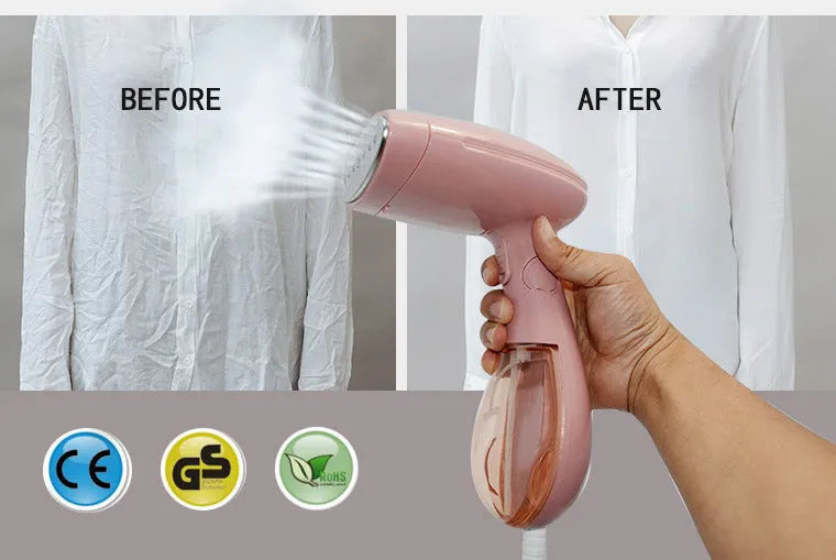Sokany pink handheld steam ironing brush with power cord and EU plug.