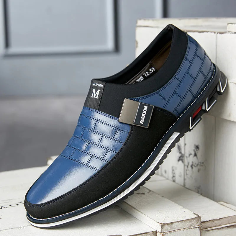 Men's low-cut casual leather shoes in blue, available in sizes 38 to 48 with a rubber sole.